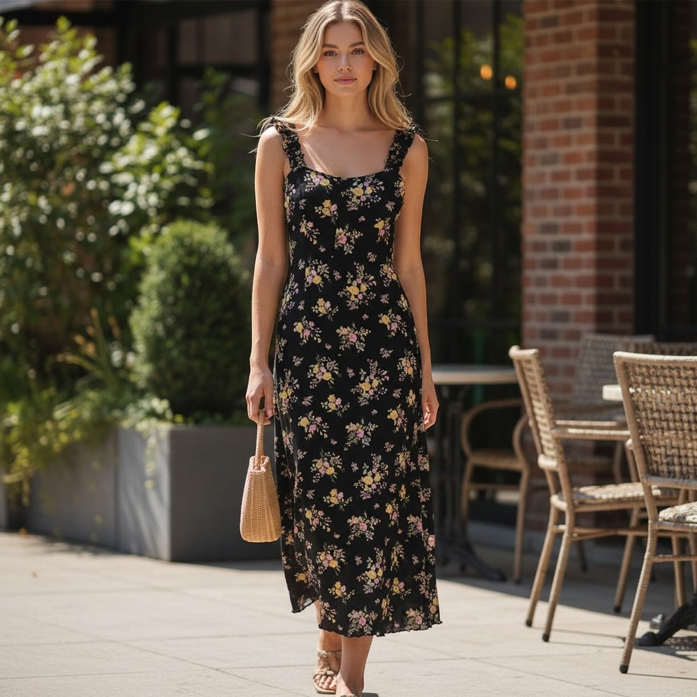Women's Sz S Black Floral Midi Dress Size Small Cowl Neck Sleeveless Cottagecore